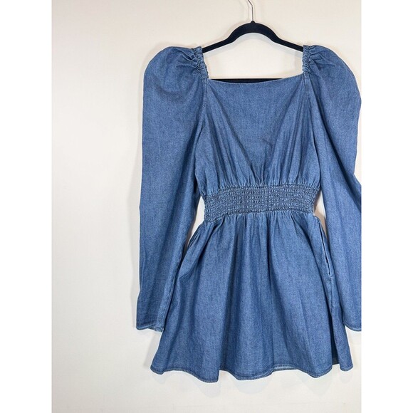 Free People Womens Dress Molly Mini Chambray Puff Sleeve Smocked A Line Large - Picture 8 of 11